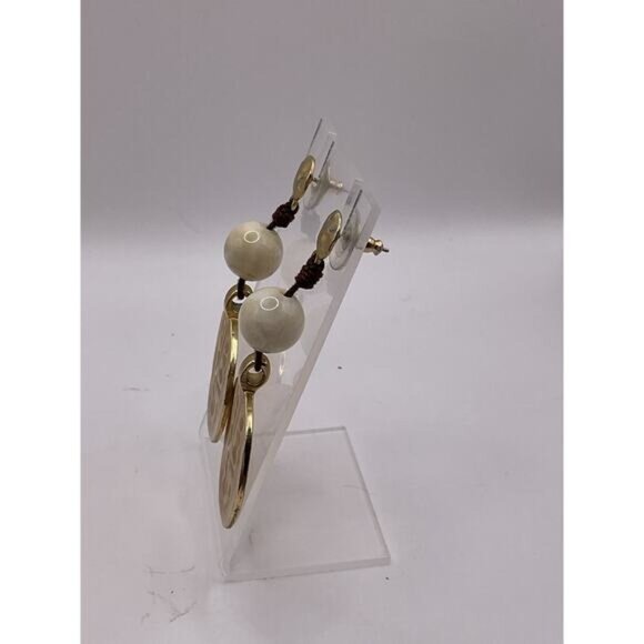 Gold & White Beaded Vintage Dangle Earrings With Textured Round Discs For Women - Picture 3 of 4